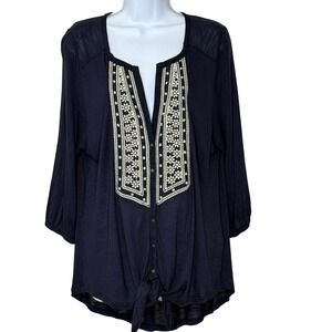 Lucky Brand Shirt‎ Women's 1X Embroidered Cotton Boho Top Blouse. Flaws